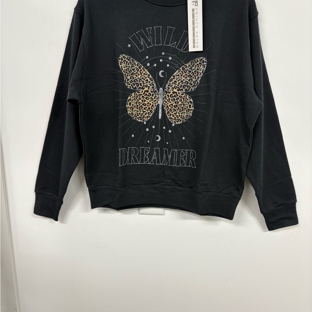 Prince Peter Collection Black Crew Neck Sweater with Rhinestone Butterfly